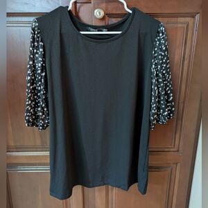 Black Knit Blouse with Sheer Polka Dot Puff Sleeves